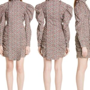 Ganni Ruched Floral-print Organic Cotton-poplin Mini Dress Red Size 40 US 8